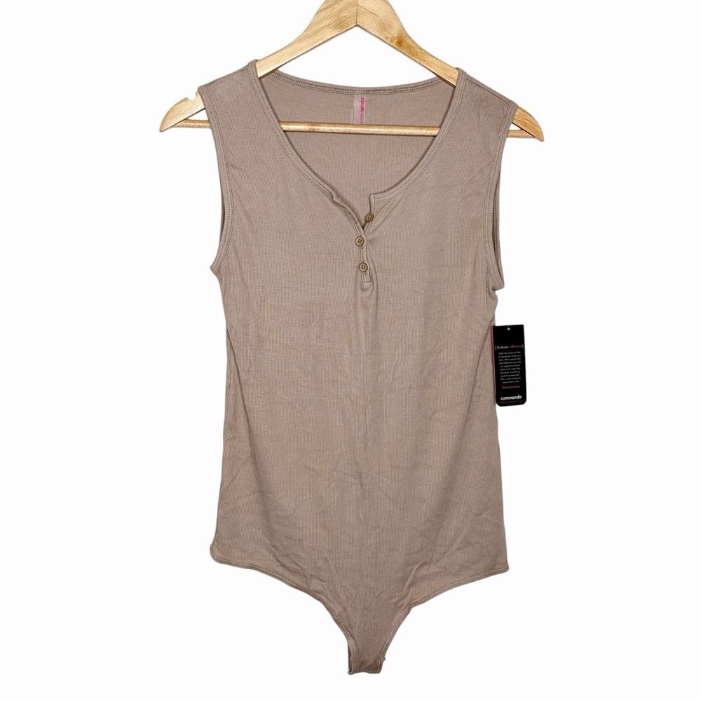 Commando Luxury Rib Henley Bodysuit Sand Beige Womens Size L Sleeveless Tank